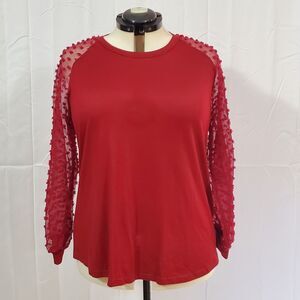Bloomchic Blouse Women's Large12 Red Solid Long Mesh Sleeve w/ Fabric Dots